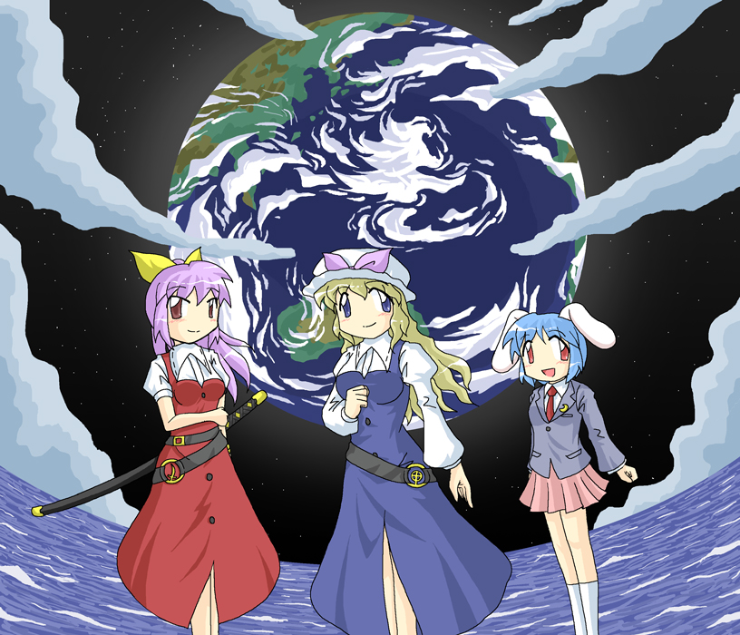 3girls, animal_ears, blue_dress, cage_in_lunatic_runagate, dress, earth, horten, katana, multiple_girls, rabbit_ears, red_dress, reisen, siblings, silent_sinner_in_blue, sword, touhou, uniform, watatsuki_no_toyohime, watatsuki_no_yorihime, weapon