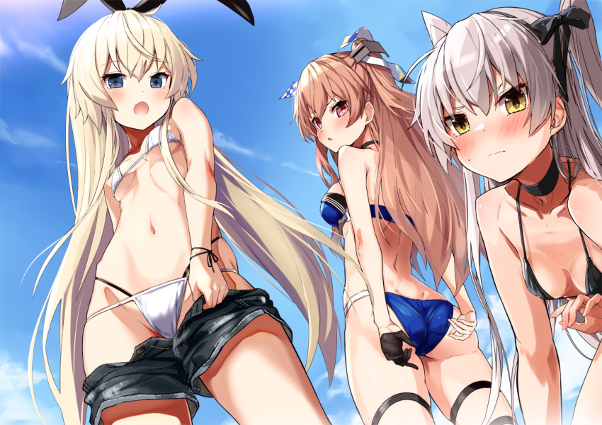 3girls, amatsukaze_(kantai_collection), ass, bikini, black_bikini, black_legwear, black_ribbon, blonde_hair