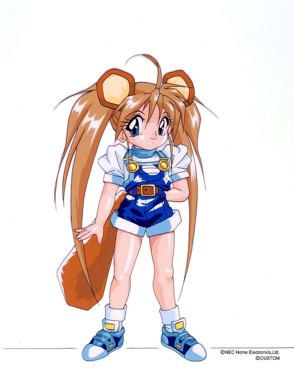 1990s_(style), 1girl, animal_ears, arms_behind_back, blue_eyes, chap_(chip-chan_kick!), chip-chan_kick!, copyright