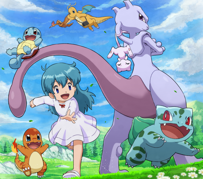1girl, :d, aitwo_(pokemon), aqua_hair, blue_eyes, bow, bulbasaur, charmander, chasing, child, clouds, day, dragon, dragonite, dress, dress_bow, eyebrows_visible_through_hair, fearow, flower, from_below, gen_1_pokemon, grass, happy, legendary_pokemon, long_hair, mew, mewtwo, mythical_pokemon, open_mouth, outstretched_arm, pokemoa, pokemon, pokemon_(anime), pokemon_(classic_anime), pokemon_(creature), pokemon_m01, red_bow, running, shiny, shiny_hair, sky, smile, squirtle, starter_pokemon, starter_pokemon_trio, tongue
