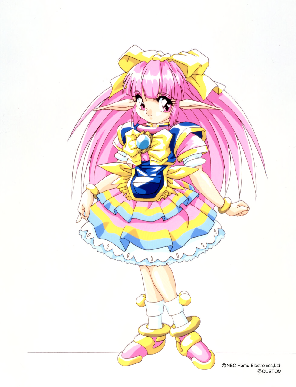 1990s_(style), 1girl, bow, braid, brooch, chip-chan_kick!, copyright, copyright_name