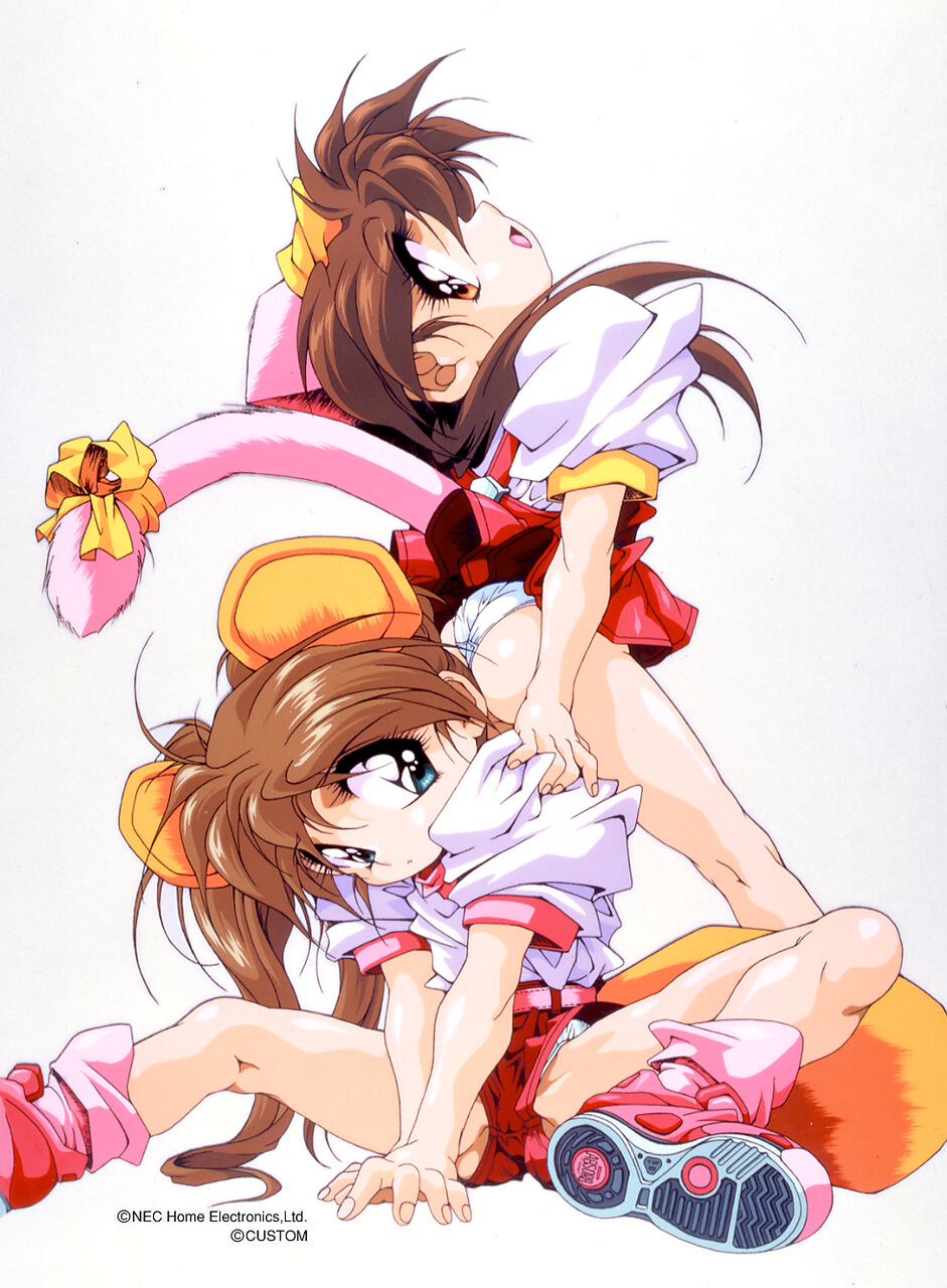 1990s_(style), 2girls, animal_ears, aqua_eyes, ass, brown_hair, chap_(chip-chan_kick!), chip-chan_kick!, chip_(chip-chan_kick!), copyright, copyright_name, fake_animal_ears, highres, long_hair, looking_at_viewer, miniskirt, multiple_girls, non-web_source, official_art, panties, photoshop_(medium), profile, red_eyes, ribbon, shoes, short_shorts, short_sleeves, shorts, simple_background, sitting, sitting_on_person, skirt, sneakers, tail, tail_ribbon, underwear, v_arms, white_background, white_panties, yanagi_hirohiko