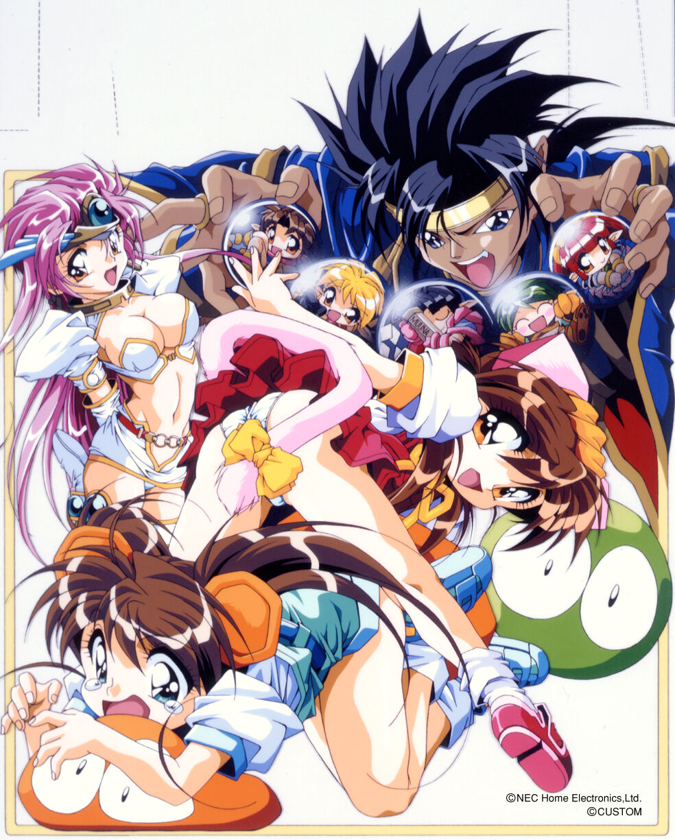 1990s_(style), 1boy, 6+girls, alina_(chip-chan_kick!), animal_ears, aqua_eyes, ass, bent_over