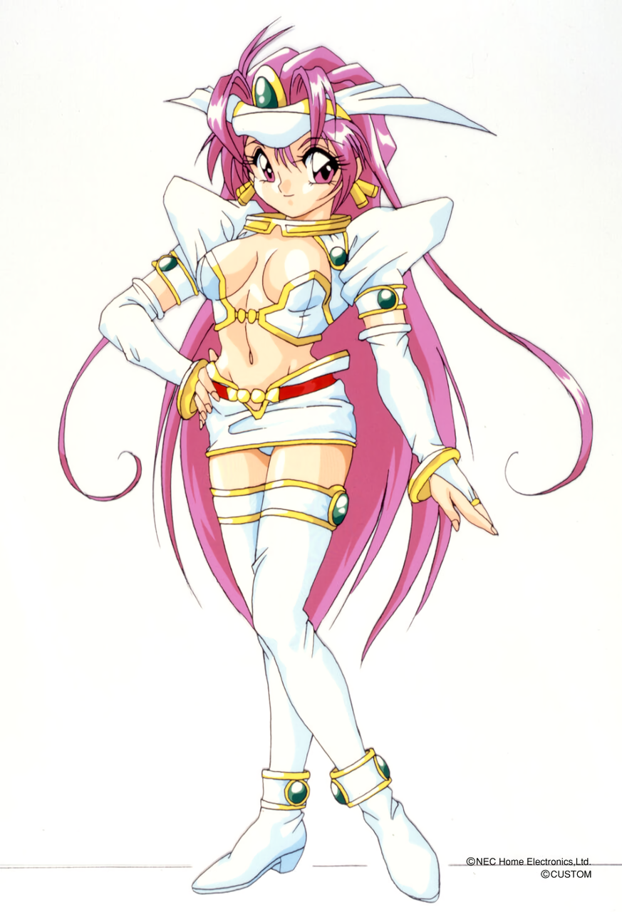 1990s_(style), 1girl, alina_(chip-chan_kick!), boots, bridal_gauntlets, chip-chan_kick!, copyright, copyright_name, earrings, hand_on_hip, highres, jewelry, long_hair, looking_at_viewer, navel, official_art, pink_eyes, pink_hair, simple_background, solo, standing, thigh-highs, thigh_boots, very_long_hair, white_background, white_legwear, yanagi_hirohiko