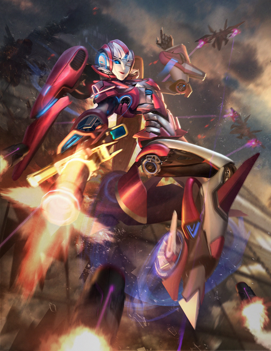 1girl, aircraft, airplane, arcee, autobot, blue_eyes, fighter_jet, firing