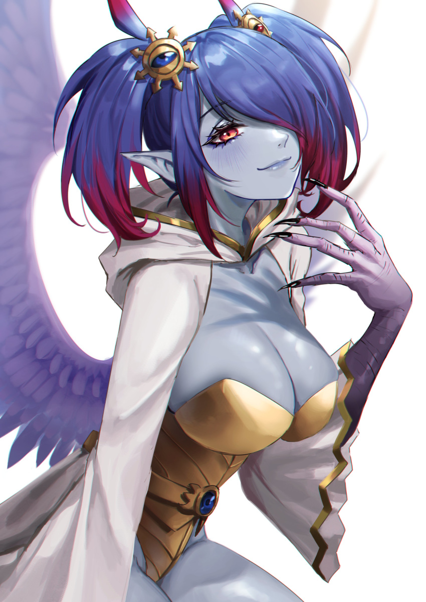 1girl, absurdres, blue_hair, blue_skin, breasts, chaos_sign, claws, commentary, commission, english_commentary, expulse, gradient_hair, hair_ornament, hair_over_one_eye, highres, hood, hood_down, ignitrix, khornette_quest, large_breasts, long_sleeves, looking_at_viewer, multicolored_hair, pointy_ears, red_eyes, redhead, second-party_source, sideboob, smile, solo, thighs, twintails, warhammer_40k, wide_sleeves, wings