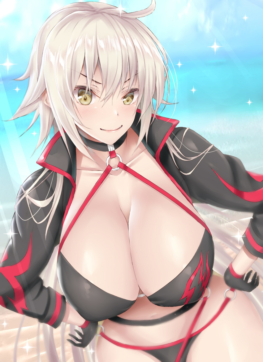 1girl, ahoge, bangs, beach, bikini, black_bikini, black_choker, black_gloves