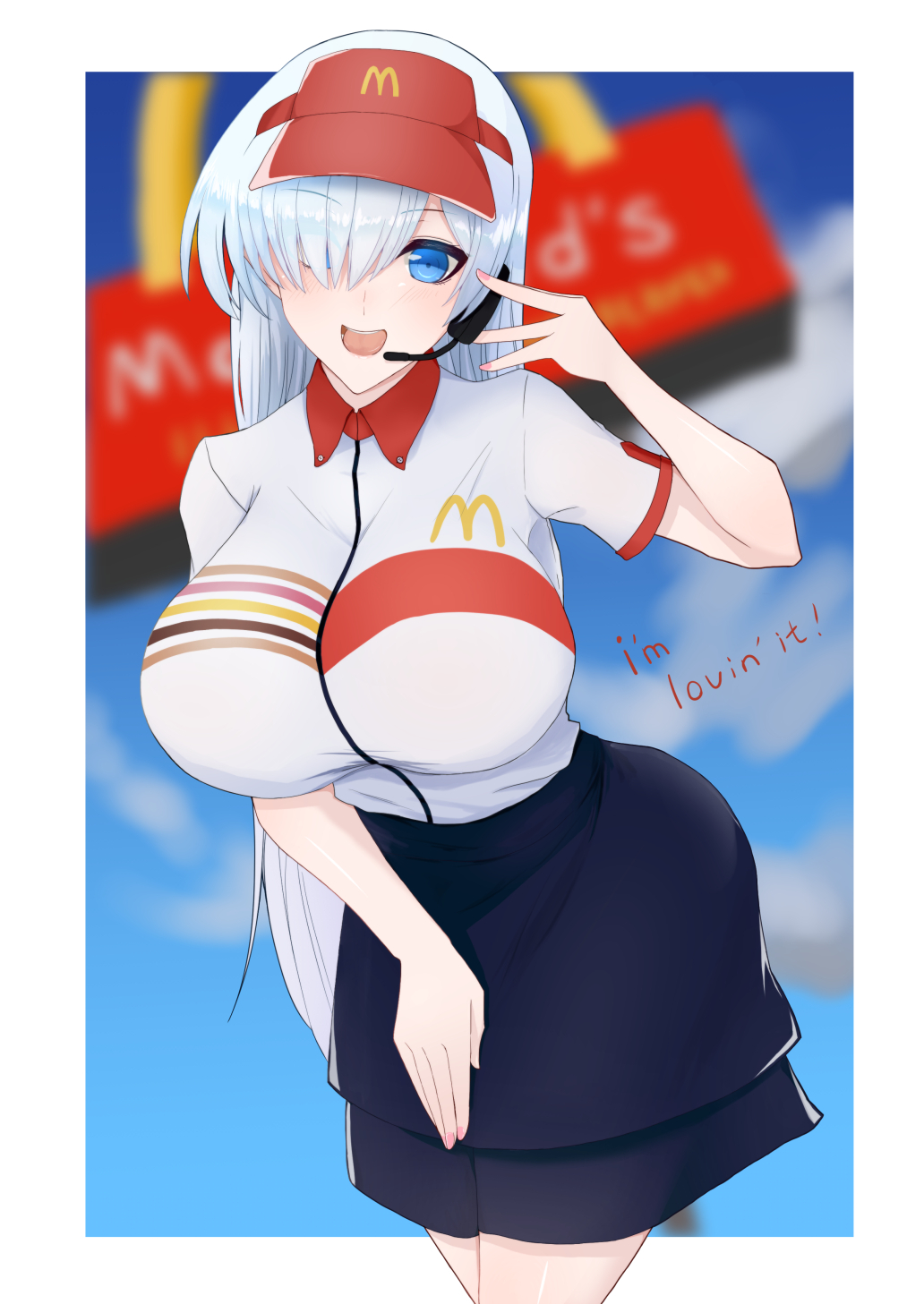 1girl, anastasia_(fate/grand_order), bangs, black_skirt, blue_sky, blurry, blurry_background, blush, breasts, employee_uniform, fate/grand_order, fate_(series), hair_over_one_eye, headset, highres, large_breasts, long_hair, looking_at_viewer, mcdonald's, open_mouth, red_headwear, sawatarou_(roto), shirt, short_sleeves, silver_hair, skirt, sky, smile, thighs, uniform, very_long_hair, visor_cap, white_shirt