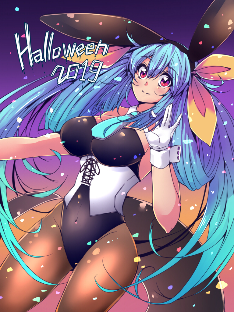 animal_ears, blue_hair, blush, bow, bowtie, breasts, bunny_girl, bunnysuit, dizzy_(guilty_gear), english_text, gloves, guilty_gear, guilty_gear_xrd, hair_between_eyes, hair_ribbon, halloween, halloween_costume, iguana_henshuu-chou, large_breasts, long_hair, navel, rabbit_ears, red_eyes, ribbon, tail, thigh-highs, twintails, yellow_ribbon