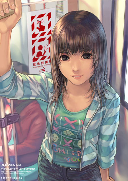 bus, bus_interior, casual, face, green_eyes, inside_bus, jeans, krenz, long_hair, motor_vehicle, original, smile, vehicle