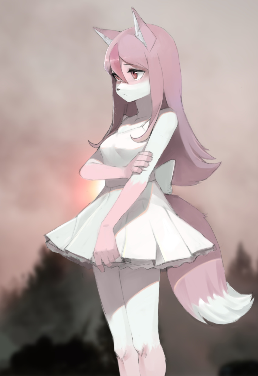 1girl, animal_ears, back_bow, bangs, bare_shoulders, blurry, blurry_background, bow, brand_new_animal, breasts, chinese_commentary, claws, closed_mouth, collarbone, commentary_request, crayon_(crayon1006), dress, english_commentary, fire, fox_ears, fox_tail, frilled_dress, frills, furry, hair_between_eyes, hand_up, highres, hiwatashi_nazuna, long_hair, mixed-language_commentary, multicolored_hair, no_humans, outdoors, pink_hair, red_eyes, shiny, shiny_hair, short_dress, sleeveless, sleeveless_dress, small_breasts, smoke, solo, spaghetti_strap, standing, streaked_hair, tail, tree, white_dress