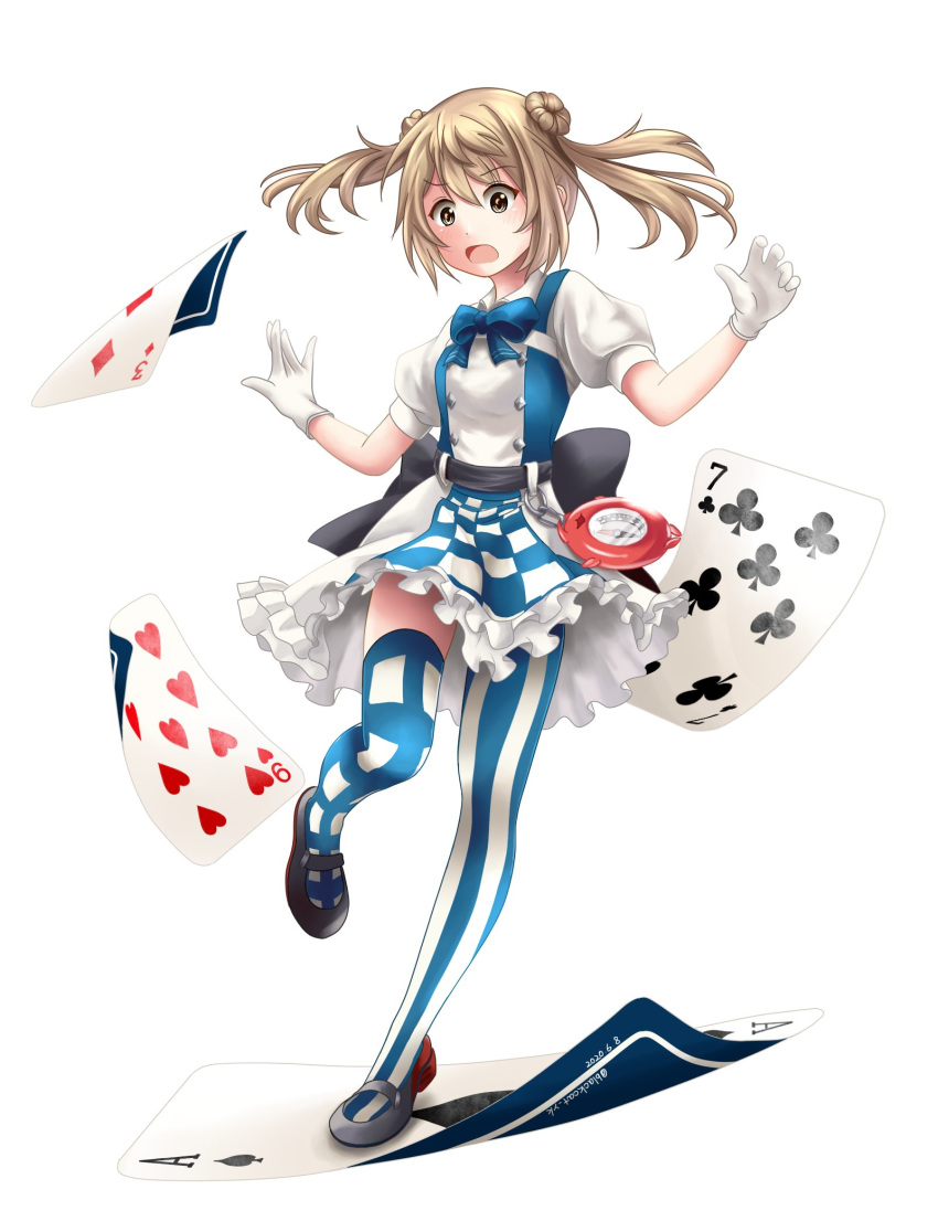 1girl, brown_eyes, card, checkered, checkered_skirt, commentary_request, double_bun, enemy_lifebuoy_(kantai_collection)