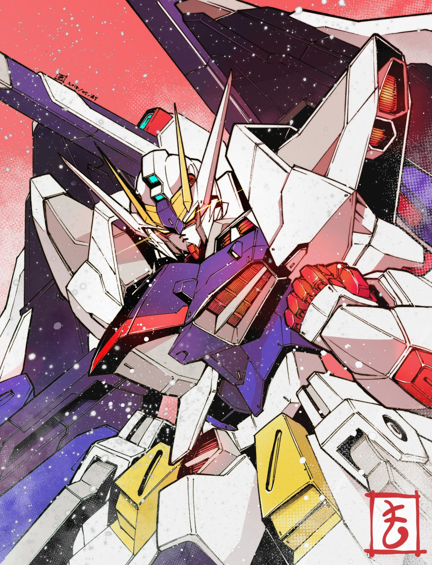 amazing_strike_freedom_gundam, clenched_hand, close-up, dated, gundam, gundam_build_fighters, gundam_build_fighters_amazing, gundam_build_fighters_amazing_ready, highres, looking_down, matutoya, mechanical_wings, red_background, shoulder_cannon, v-fin, wings, yellow_eyes