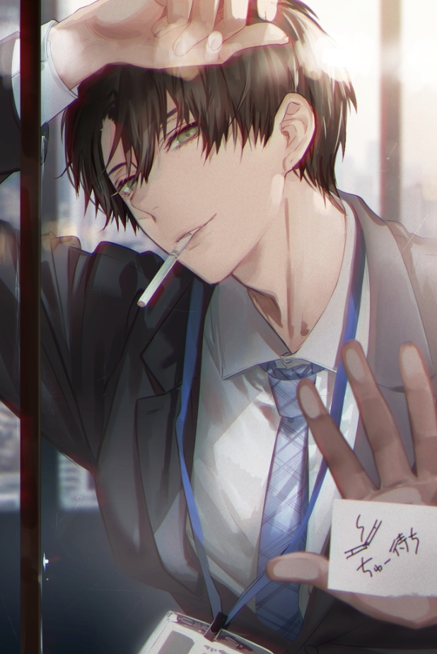 1boy, bangs, black_jacket, brown_hair, cigarette, collared_shirt, formal, green_eyes