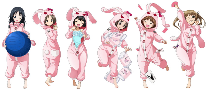 6+girls, animal_ears, artist_request, barefoot, black_hair, blonde_hair, blush, breasts