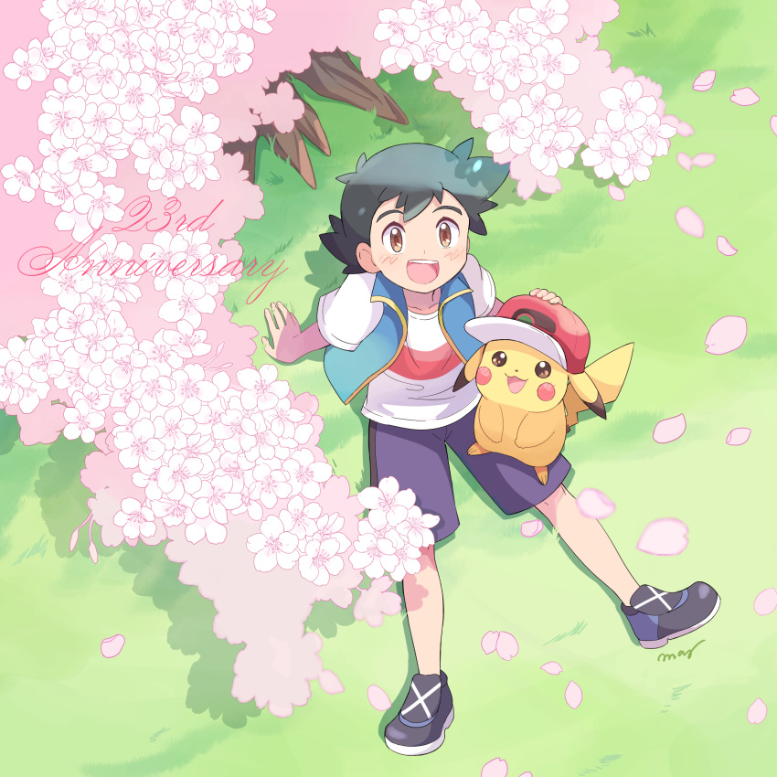 1boy, baseball_cap, black_hair, blown_petals, blue_shorts, blue_vest, brown_eyes, cherry_blossoms
