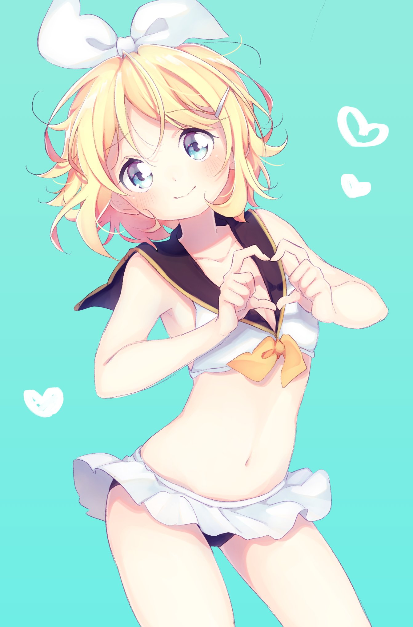 1girl, adapted_costume, aizaki_(aizkaizk), aqua_background, bare_arms, bikini, bikini_skirt, black_sailor_collar, blonde_hair, blue_eyes, blush, bow, closed_mouth, collarbone, commentary, cowboy_shot, eyebrows_visible_through_hair, flat_chest, hair_bow, hair_ornament, hairclip, heart, heart_hands, highres, kagamine_rin, looking_at_viewer, messy_hair, navel, sailor_bikini, sailor_collar, short_hair, smile, solo, swimsuit, vocaloid, white_bow