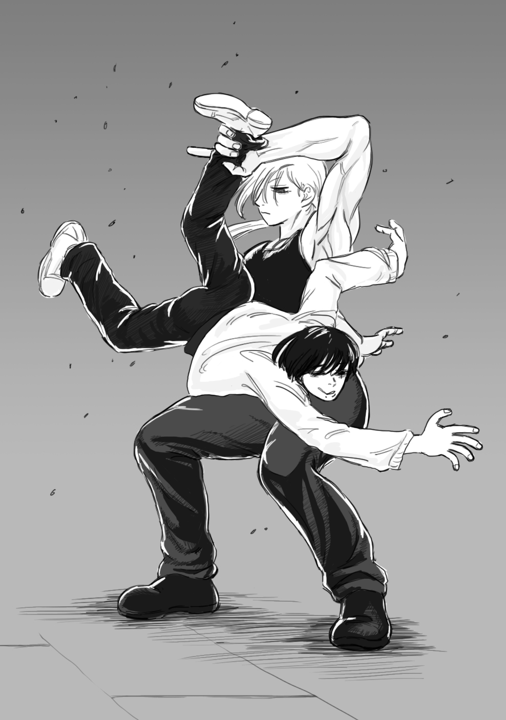 1boy, 1girl, bare_shoulders, black_hair, black_pants, black_shirt, breasts, chainsaw_man
