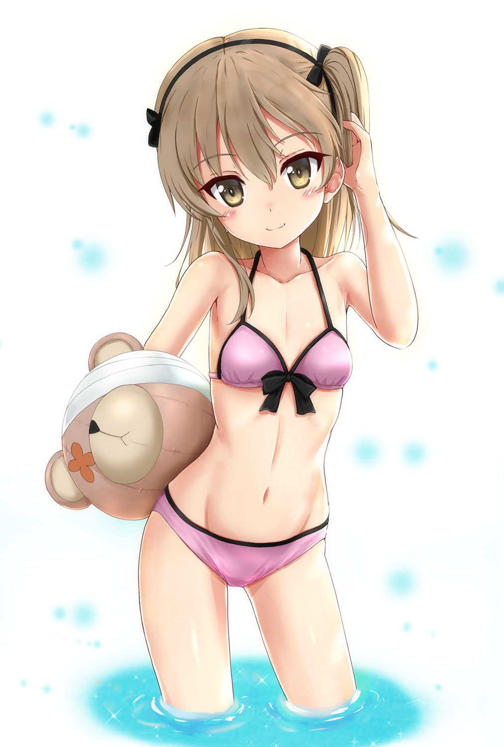 1girl, bandages, bangs, bare_arms, bare_shoulders, bikini, black_bow, black_hairband