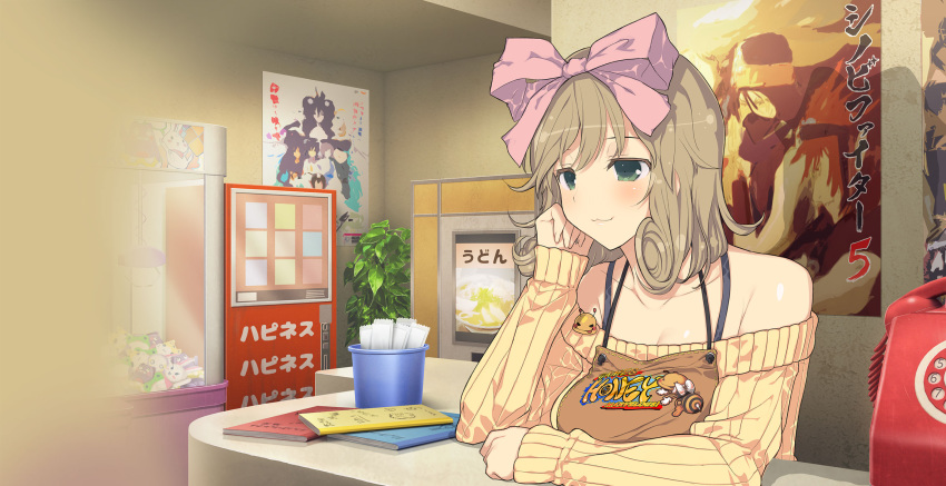 1girl, :3, blonde_hair, blush, bow, breasts, collarbone, counter