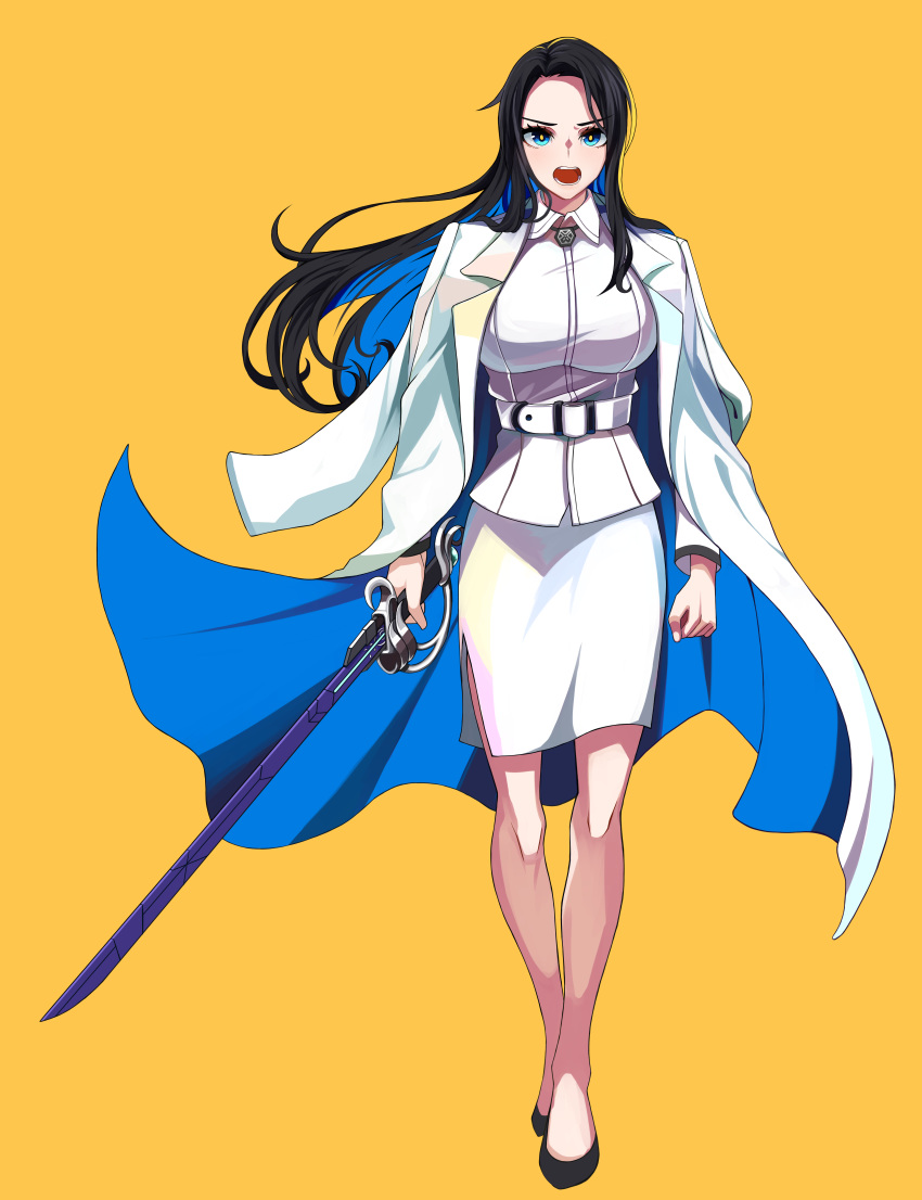 1girl, absurdres, belt, black_hair, blue_eyes, formal, full_body, high_heels, highres, invincible_dragon, jacket_on_shoulders, last_origin, long_hair, looking_at_viewer, military, military_uniform, open_mouth, pencil_skirt, side_slit, skirt, skirt_suit, solo, suit, sword, tyureu, uniform, weapon