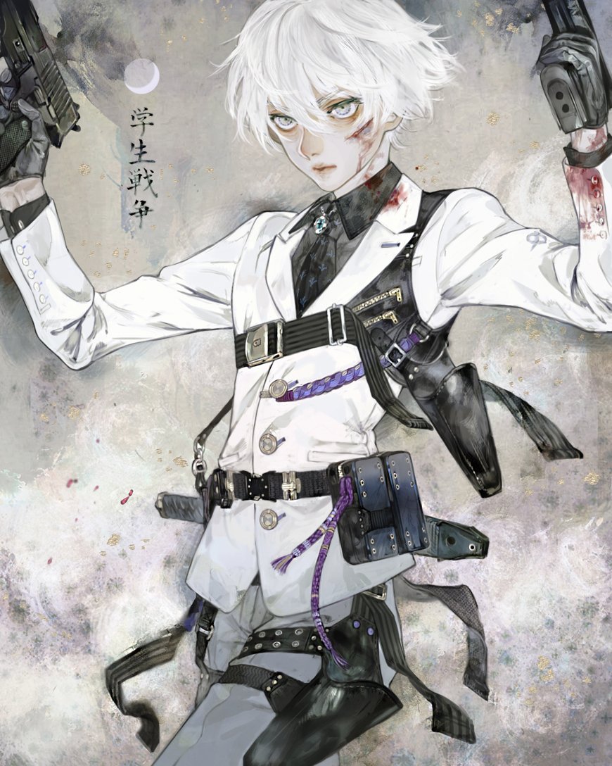 1boy, belt, black_gloves, black_shirt, blood, blood_on_face, blood_stain, bloody_clothes