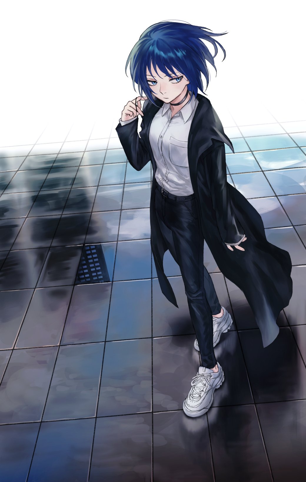 1girl, 1hara_nobu, bangs, belt, black_choker, black_jacket, black_pants, blue_eyes, blue_hair, choker, collared_shirt, hair_tie, highres, holding, jacket, original, pants, shirt, shoes, short_hair, sleeves_past_wrists, sneakers, solo, white_background, white_footwear, white_shirt
