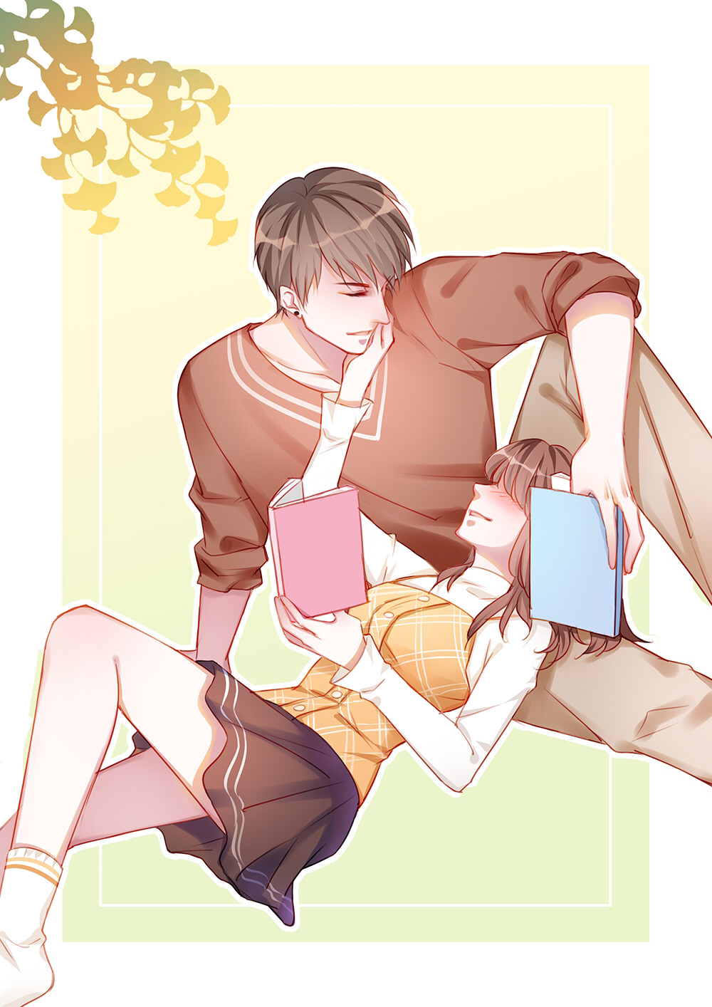 1boy, 1girl, black_skirt, book, brown_hair, brown_shirt, closed_eyes, earrings, ginkgo, gradient, gradient_background, grey_pants, hair_over_eyes, hand_on_another's_cheek, hand_on_another's_face, hand_up, hetero, highres, holding, holding_book, jewelry, long_sleeves, looking_at_another, love_and_producer, lying, on_back, pants, rong_nage_rong, shirt, simple_background, sitting, skirt, socks, stud_earrings, yellow_shirt