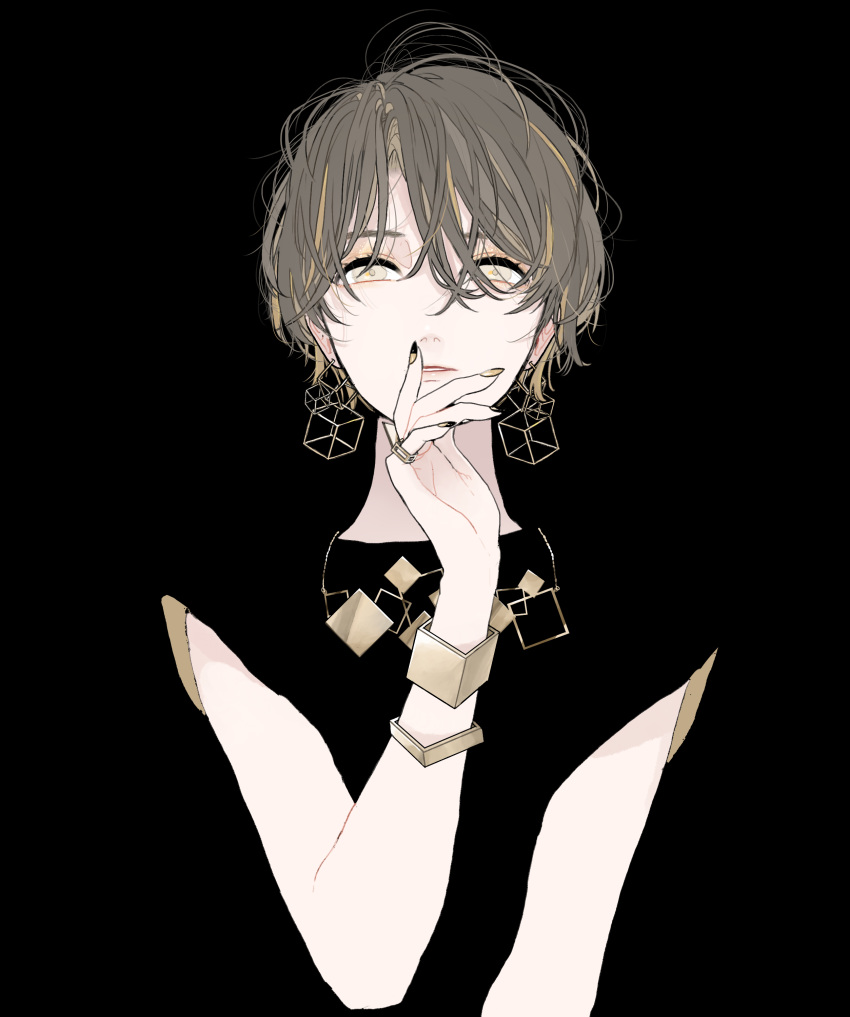 1girl, absurdres, black_background, black_hair, bracelet, brown_hair, cube_earrings, hair_between_eyes