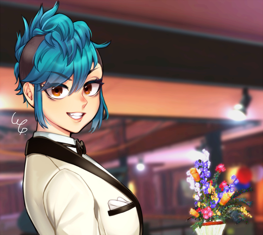 1girl, blue_hair, blush, brown_eyes, eyebrows_visible_through_hair, fang, grin, hairband, highres, looking_at_viewer, messy_hair, parted_lips, payday_2, short_hair, smile, solo, sydney_(payday), teeth, tuxedo, wg.