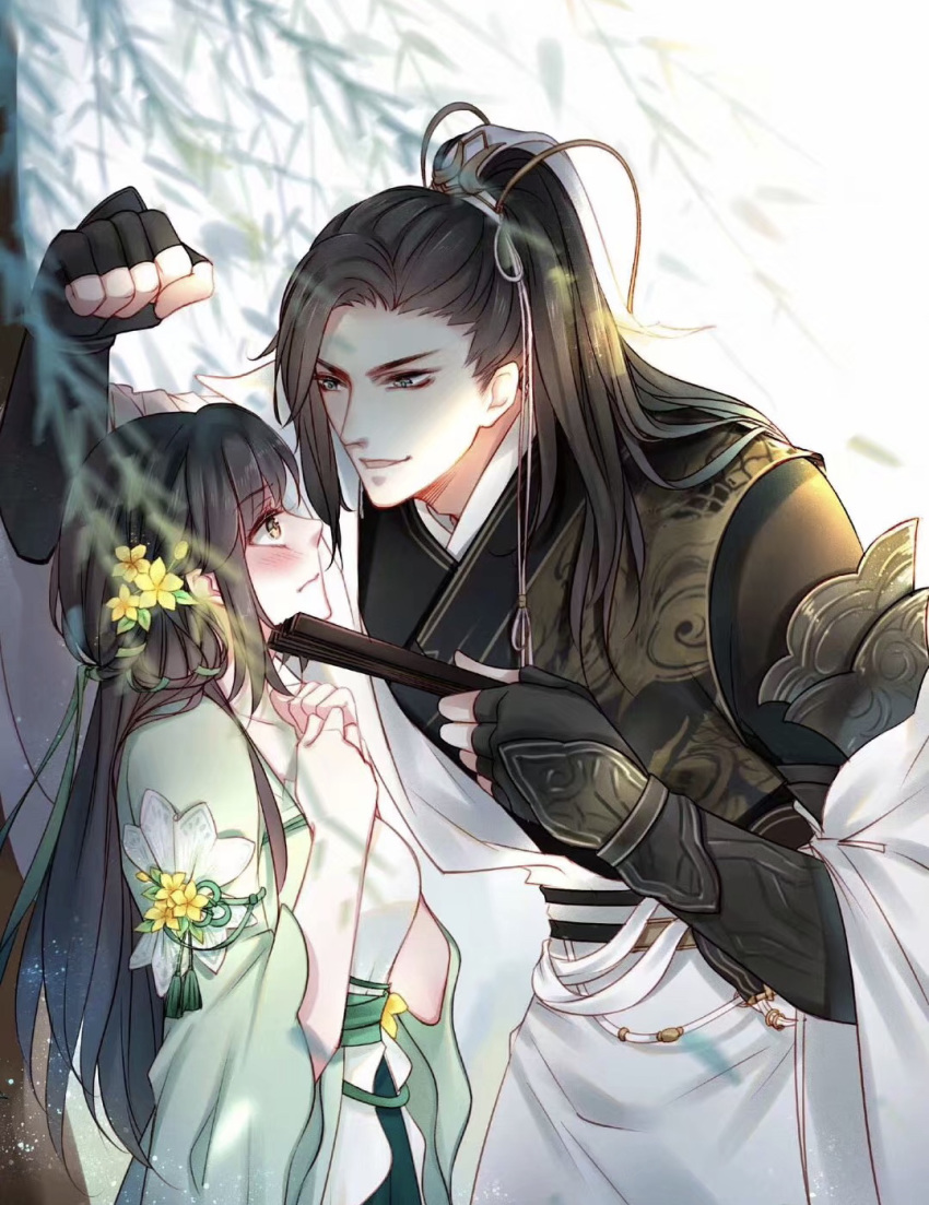 1boy, 1girl, black_gloves, blush, braid, brown_eyes, clenched_hand, eye_contact
