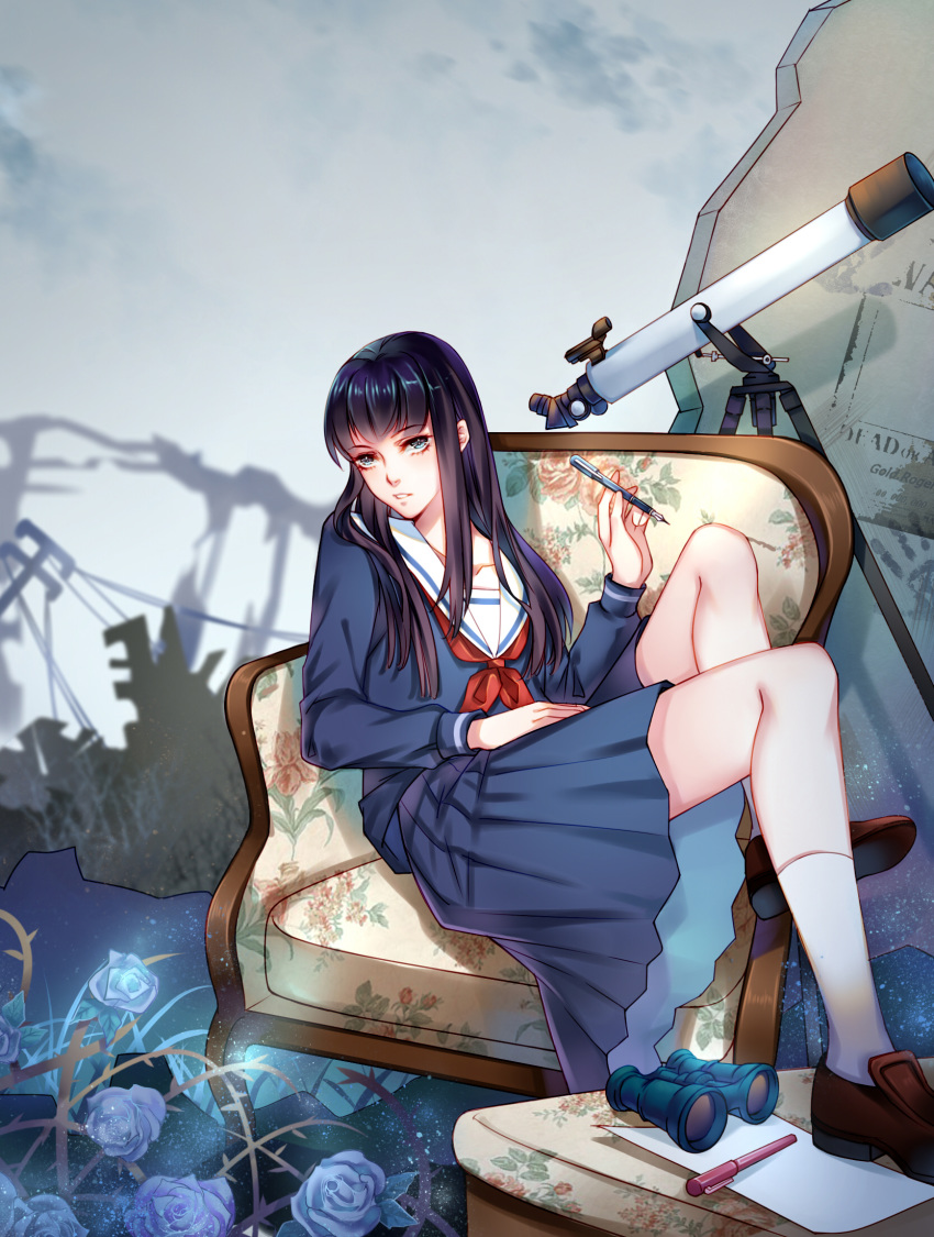 1girl, binoculars, black_hair, blue_eyes, blue_skirt, brown_footwear, chair, copyright_request