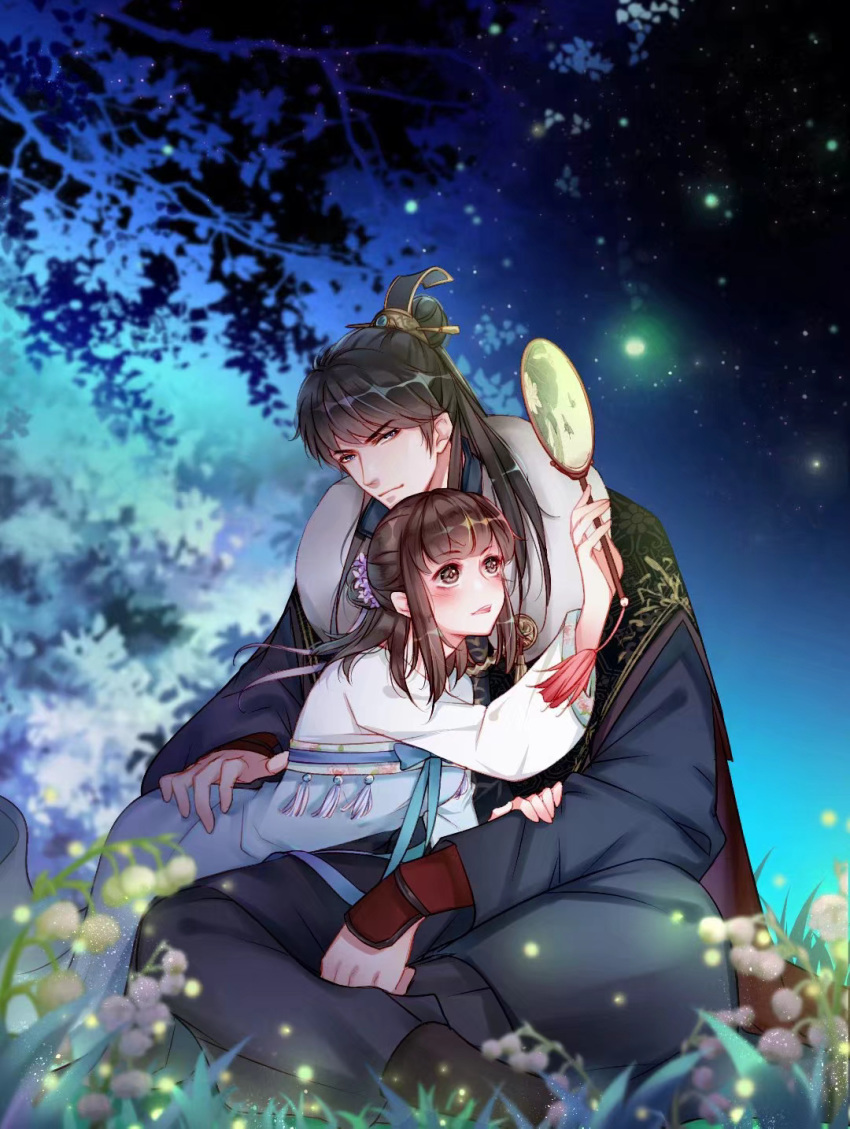 1boy, 1girl, black_footwear, black_hair, brown_hair, crossed_ankles, flower, grass