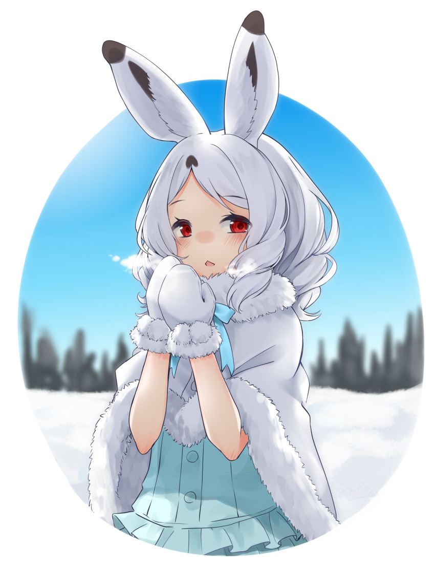 1girl, animal_ears, arctic_hare_(kemono_friends), blue_neckwear, blue_shirt, blue_skirt, blush, breath