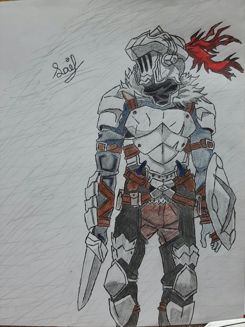 absurdres, alterrecs, armor, armored_boots, belt, blade, boots, breastplate, gloves, goblin_slayer, goblin_slayer!, graphite_(medium), greaves, highres, holding, holding_sword, holding_weapon, looking_to_the_side, shield, sword, traditional_media, weapon