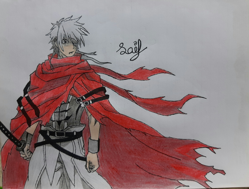 absurdres, alterrecs, armband, armor, belt, blade, cape, coat, graphite_(medium), highres, holding, holding_sword, holding_weapon, katana, licht_bach, long_hair, looking_to_the_side, pants, plunderer, sheath, sheathed, shirt, sweatband, sword, traditional_media, weapon, white_hair, wristband