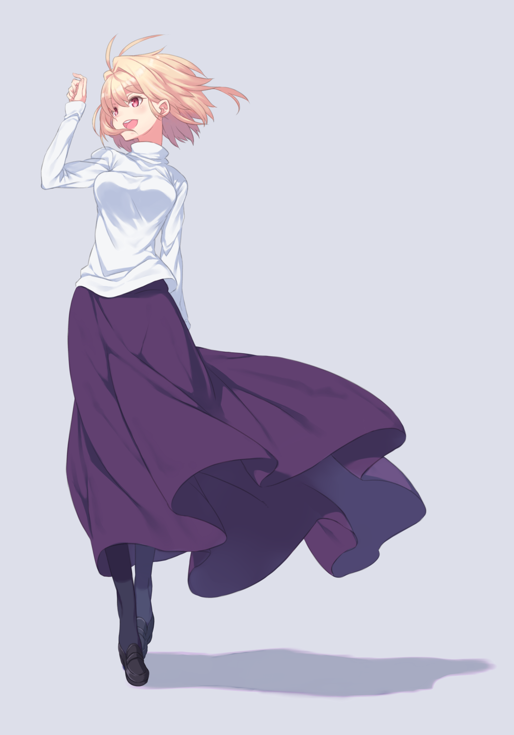 1girl, arcueid_brunestud, auru_t, blonde_hair, blush, breasts, grey_background, hair_intakes, highres, large_breasts, long_skirt, looking_to_the_side, pantyhose, purple_skirt, red_eyes, round_teeth, short_hair, skirt, smile, solo, sweater, teeth, tsukihime, turtleneck, turtleneck_sweater, walking, white_sweater, wind