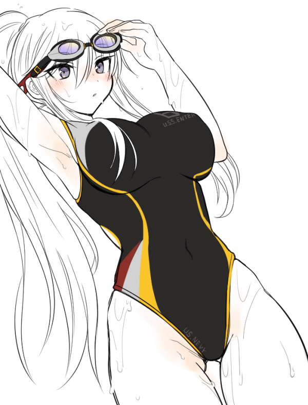1girl, alternate_hairstyle, azur_lane, blush, breasts, buttersea, commentary_request, competition_swimsuit, covered_navel, enterprise_(azur_lane), eyebrows_visible_through_hair, goggles, goggles_on_head, hat, large_breasts, long_hair, one-piece_swimsuit, partial_monochrome, swimsuit, violet_eyes, wet