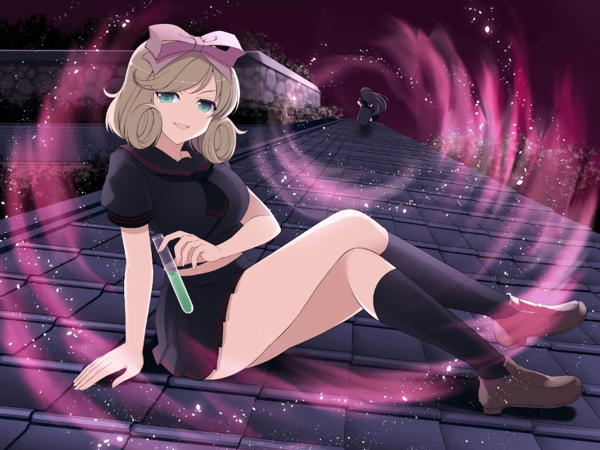 2girls, :d, bangs, black_legwear, black_serafuku, blonde_hair, bow, breasts