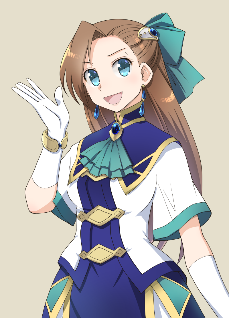 1girl, ascot, asymmetrical_bangs, bangs, beige_background, blue_dress, blue_earrings, blue_eyes