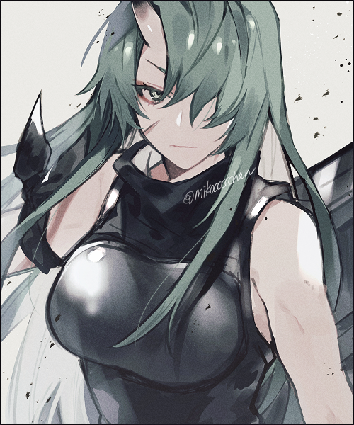 1girl, arknights, arm_ribbon, arm_scarf, bangs, bare_shoulders, closed_mouth, commentary_request