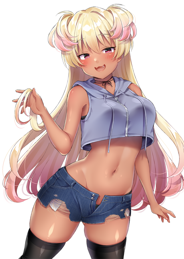 1girl, :d, ass_visible_through_thighs, bare_arms, bare_shoulders, black_legwear, black_panties, blonde_hair