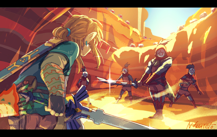 arrow_(projectile), belt, black_hair, blue_shirt, boots, earrings, fingerless_gloves, gleam, gloves, jewelry, link, mask, master_sword, pointy_ears, ponytail, quiver, sand, sheath, shirt, tetora_(ttr2011), the_legend_of_zelda, the_legend_of_zelda:_breath_of_the_wild, valley, yiga_clan