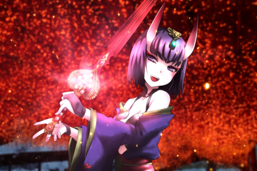 bare_shoulders, bob_cut, breasts, fate/grand_order, fate_(series), genya_(genya67), glowing, highres, holding, holding_sword, holding_weapon, horns, japanese_clothes, kimono, looking_at_viewer, oni, oni_horns, open_clothes, open_kimono, open_mouth, purple_hair, purple_kimono, qisha_tianling, revealing_clothes, seiyuu_connection, short_hair, shuten_douji_(fate/grand_order), skin-covered_horns, small_breasts, smile, sword, thunderbolt_fantasy, violet_eyes, weapon, yuuki_aoi