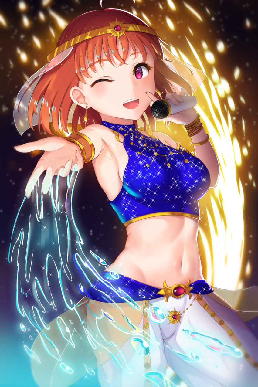 1girl, ;d, ahoge, arabian_clothes, armlet, armpits, bangs, bare_shoulders