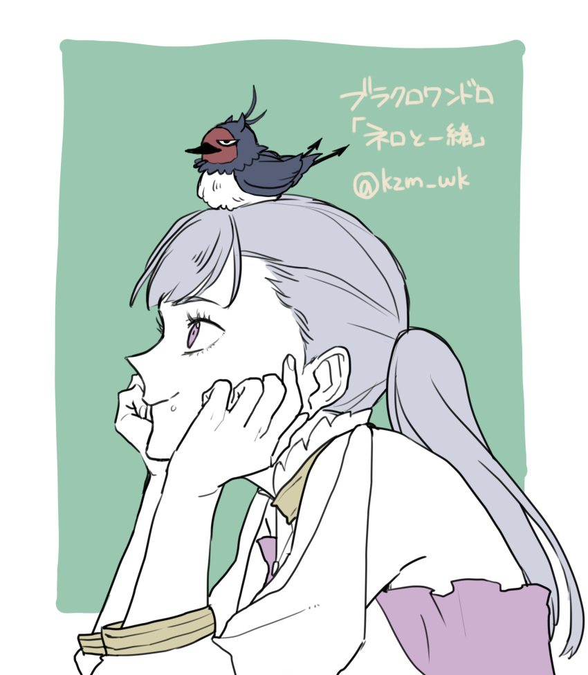 1girl, animal_on_head, bird, bird_on_head, black_clover, blue_background, border, chin_rest, highres, kazami_(wk), long_hair, looking_up, nero_(black_clover), noelle_silva, on_head, partially_colored, silver_hair, simple_background, smile, solo, translation_request, twitter_username, upper_body, violet_eyes, white_border