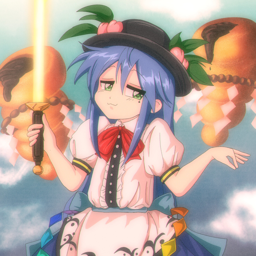 1990s_(style), 1girl, absurdres, apron, blouse, blue_hair, blue_skirt, bow
