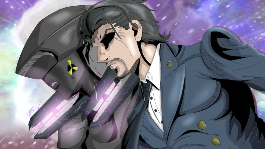 2boys, ace_combat, ace_combat_7, alicorn_(ace_combat), beard, black_hair, black_neckwear, commentary, facial_hair, giorno_giovanna, gold_experience, haonfest, jojo_no_kimyou_na_bouken, matias_torres, military, military_uniform, multiple_boys, necktie, parody, personification, radiation_symbol, railgun, shaded_face, stand_(jojo), uniform, vento_aureo