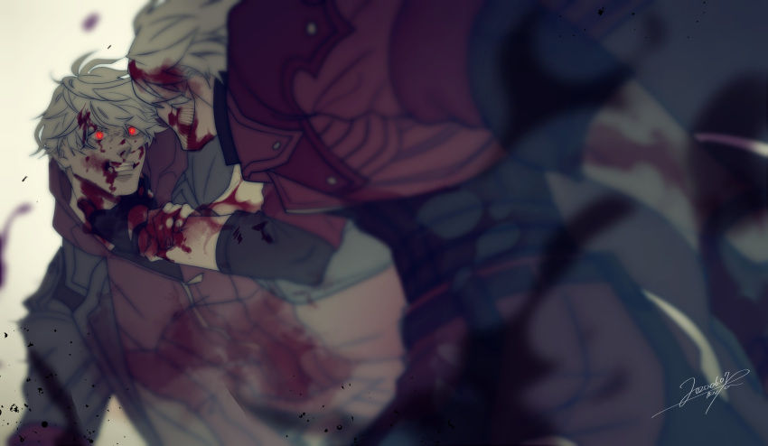 2boys, absurdres, asphyxiation, battle, black_gloves, blood, blood_on_face, bloody_clothes