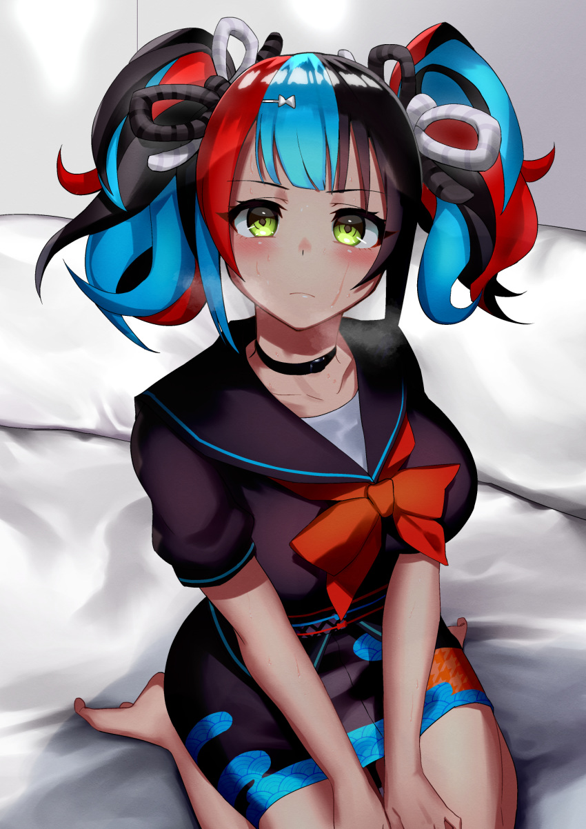 1girl, bangs, black_collar, black_hair, black_sailor_collar, black_serafuku, black_shirt, black_skirt, blue_hair, blush, breasts, choker, collar, fate/grand_order, fate_(series), green_eyes, harzola, heavy_breathing, highres, large_breasts, long_hair, looking_at_viewer, multicolored_hair, on_bed, red_neckwear, redhead, sailor_collar, school_uniform, sei_shounagon_(fate), serafuku, shirt, sitting, skirt, sweat, twintails, wariza